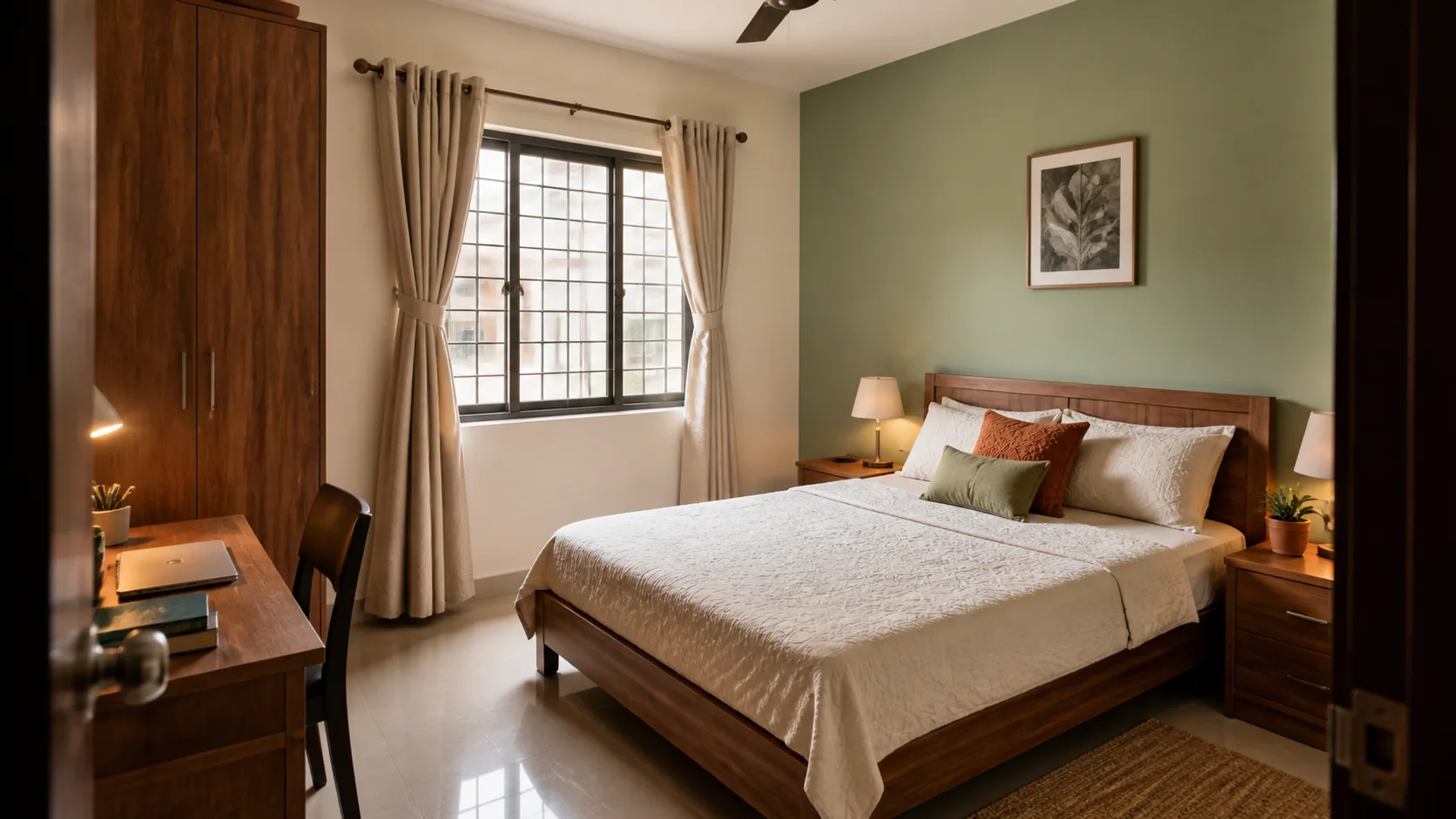 Realistic Indian apartment bedroom arranged calmly for south-east bedroom Vastu with stable bed placement and muted colours