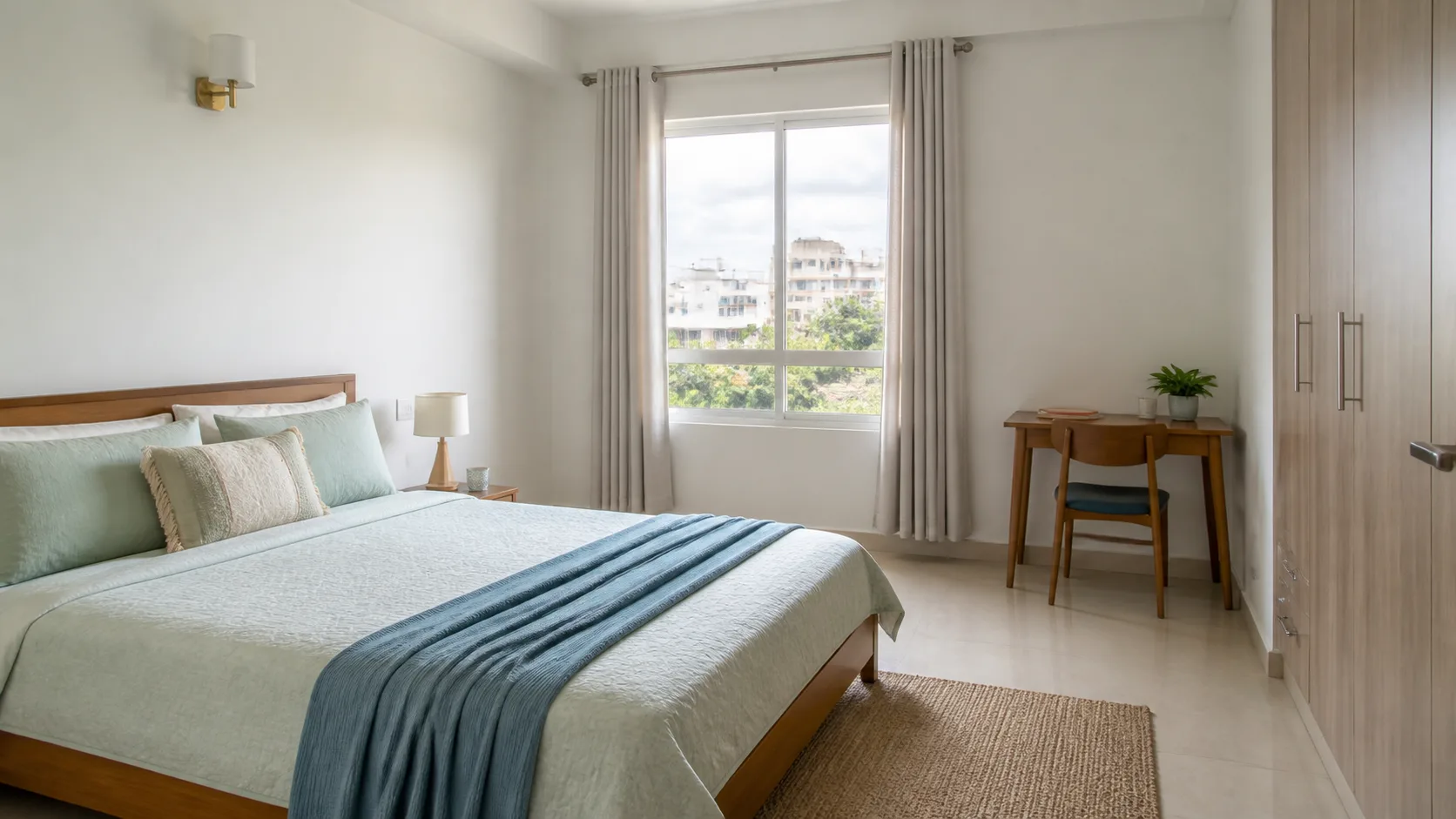 Realistic Indian bedroom with cool bedding colours, clear walking path and neat desk as south-east bedroom Vastu remedy