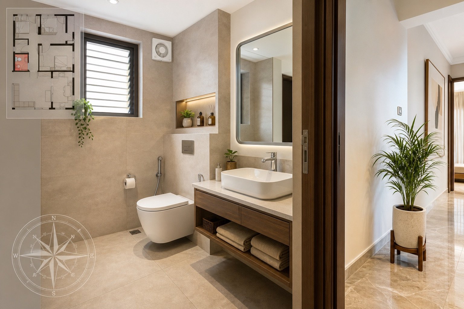 Modern Indian apartment bathroom with dry floor ventilation storage plant and compass overlay for south-west toilet Vastu remedies