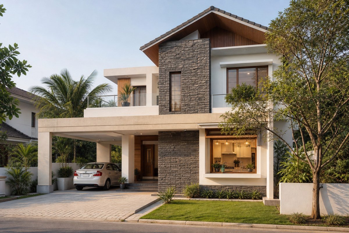 Realistic contemporary Indian south-east facing house with visible modern kitchen