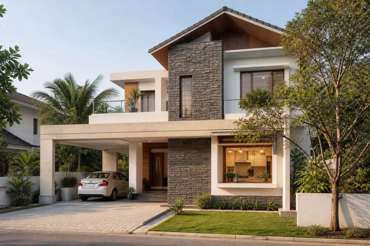Realistic contemporary Indian south-east facing house with visible modern kitchen