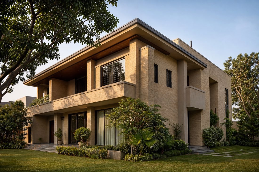 Realistic contemporary Indian south-west facing house with solid private wing