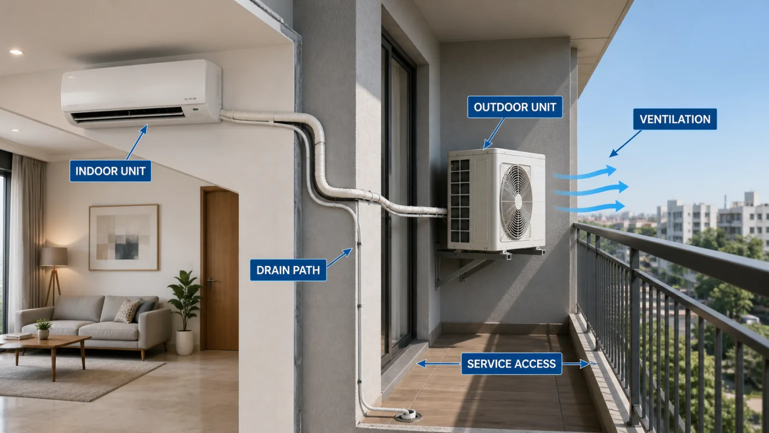 Realistic split AC installation overview showing indoor unit, condensate drain path, ventilated outdoor condenser and clear service access on an apartment balcony