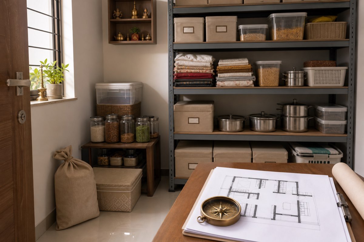 Realistic organized Indian store room with shelves, boxes, floor plan and compass