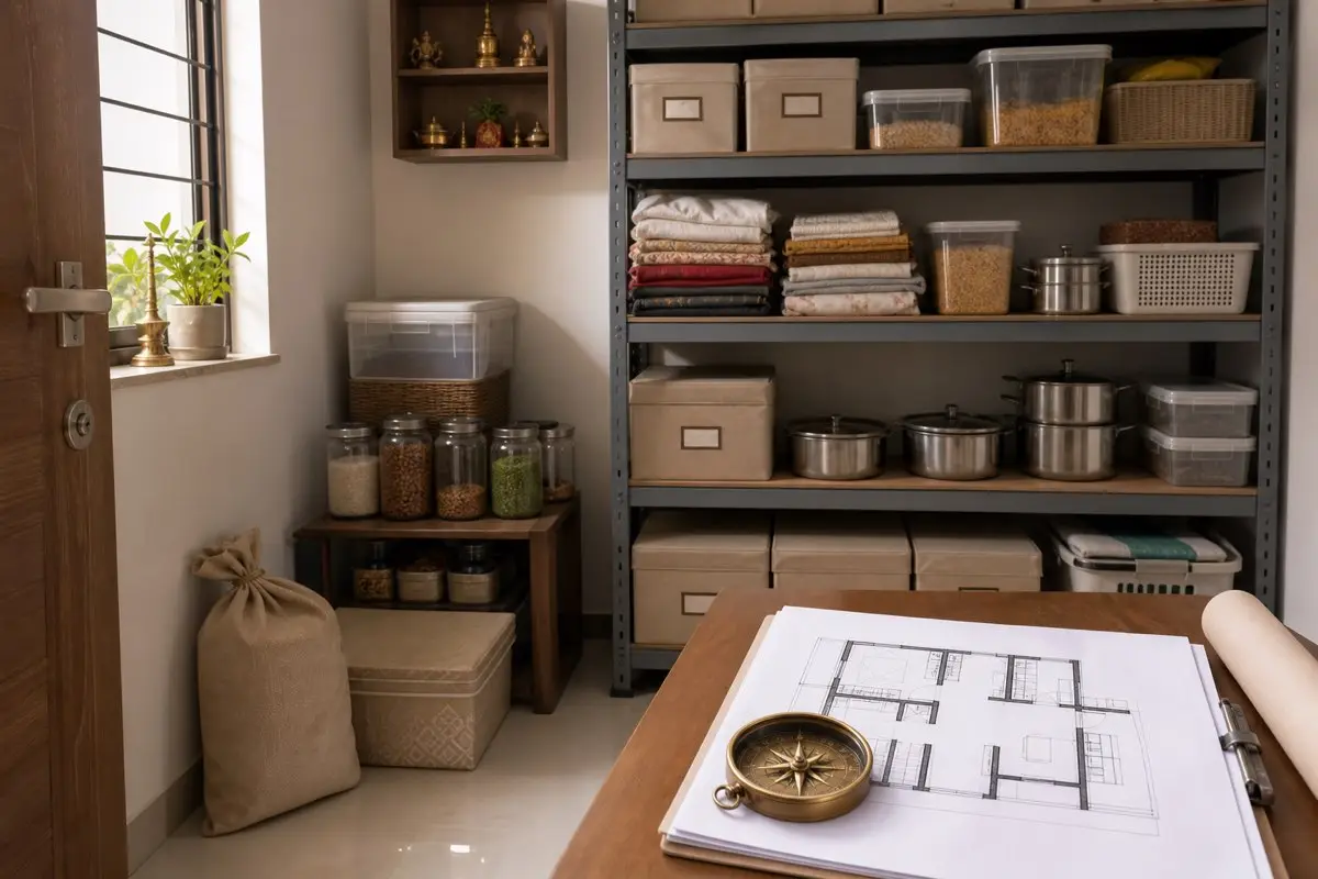 Realistic organized Indian store room with shelves, boxes, floor plan and compass