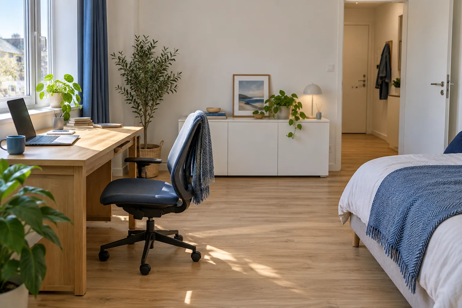 Desk beside a window with an adjustable chair, low white cabinet and the edge of a bed