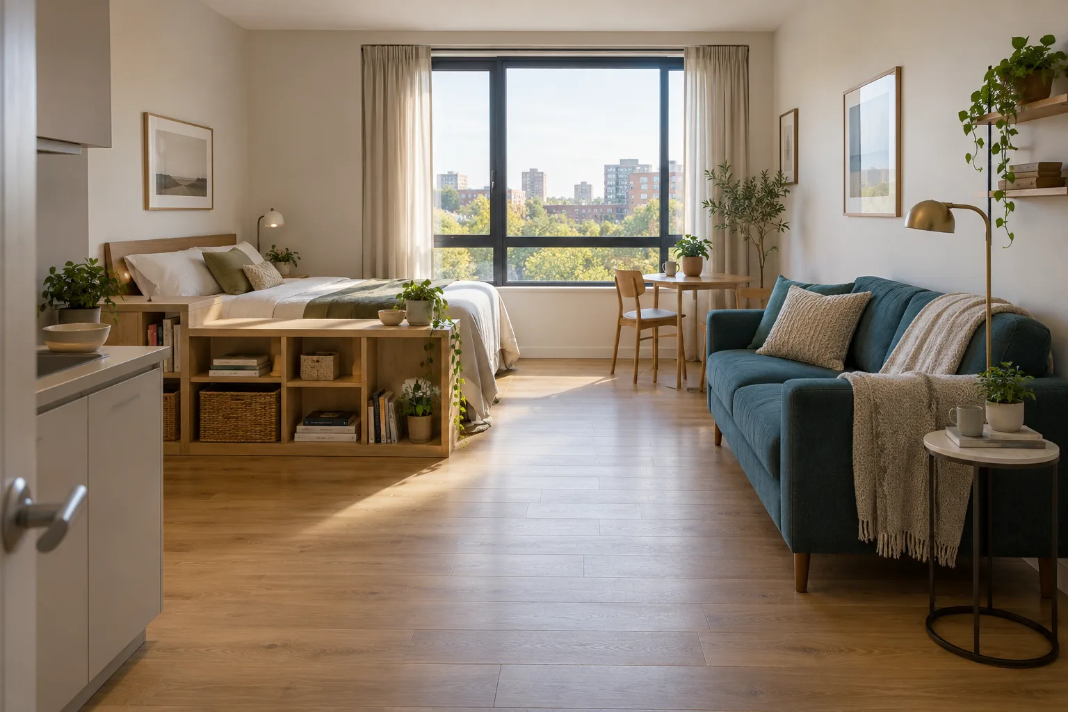 Studio apartment with a bed, low open shelf, teal sofa and a large window