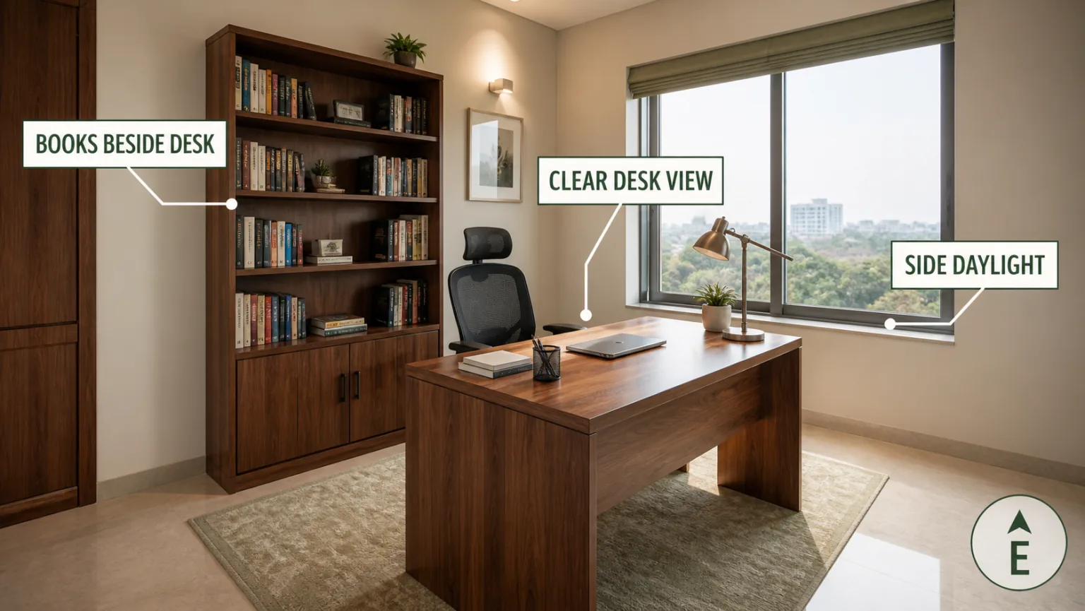 Realistic Indian study room with bookshelf beside the desk, clear desk view, side daylight and East direction marker