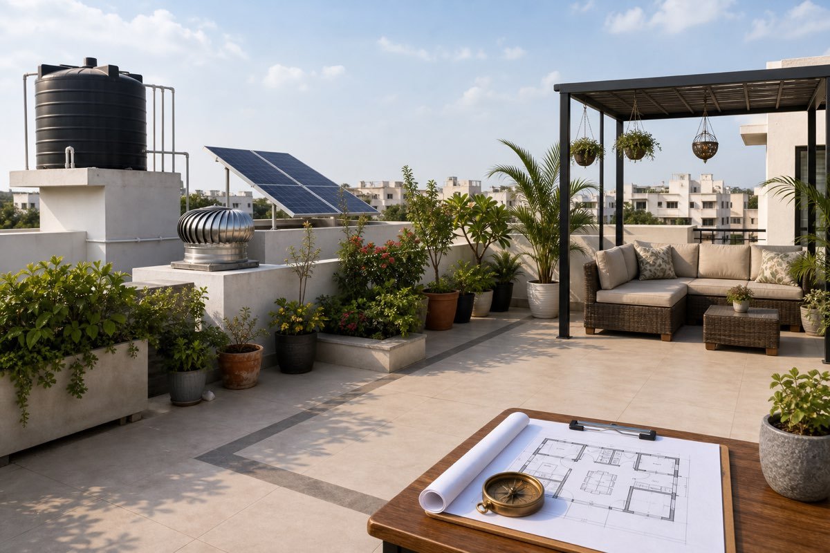 Realistic Indian rooftop terrace with water tank, solar panels, plants, seating, floor plan and compass