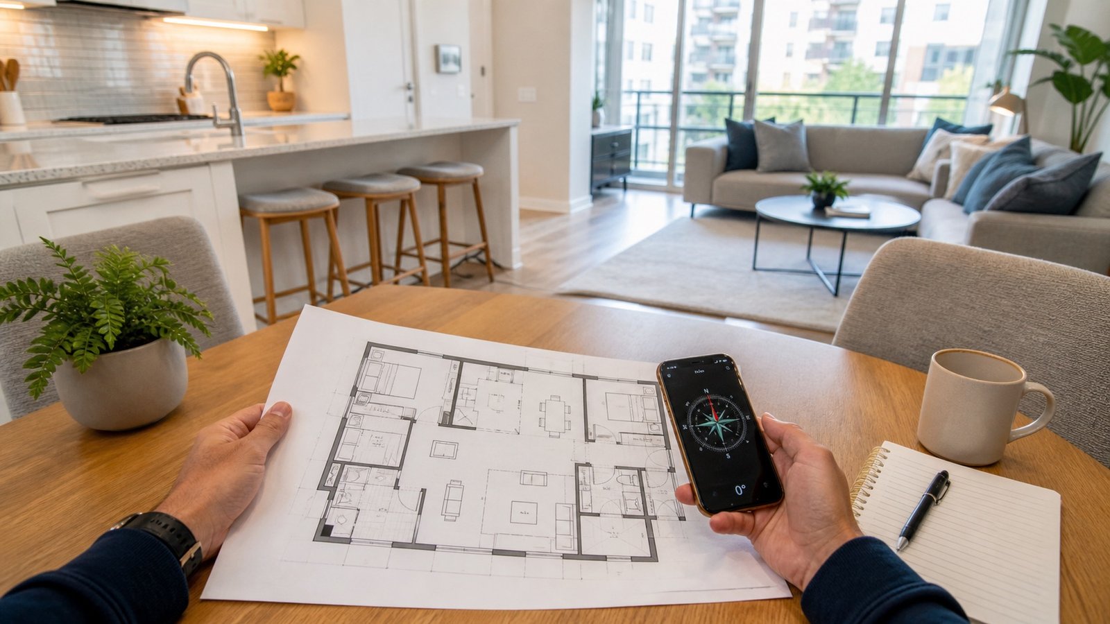USA condo buyer reviewing a floor plan and phone compass in an open kitchen and living area
