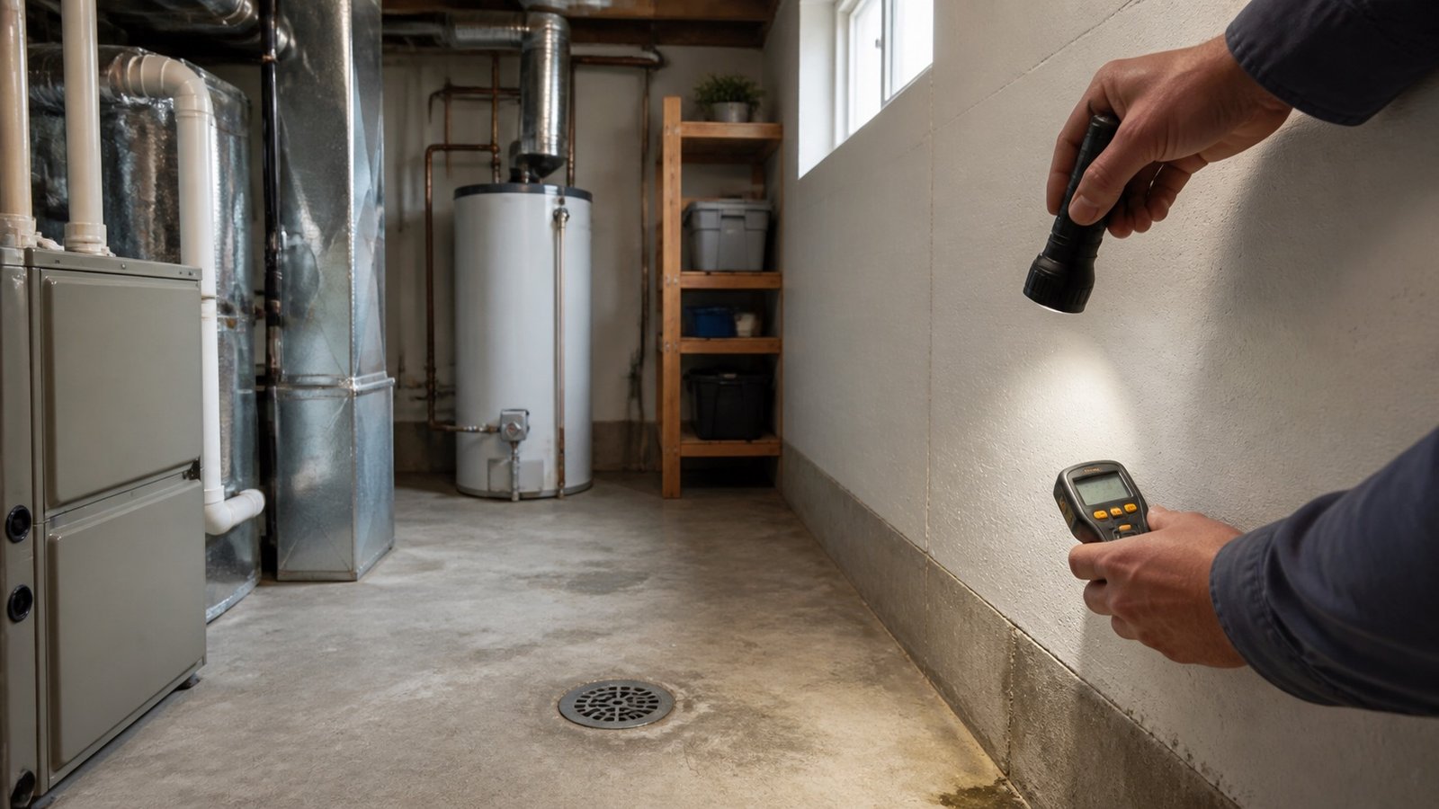 Basement utility area with inspector hands using flashlight and moisture meter near wall floor drain HVAC and water heater