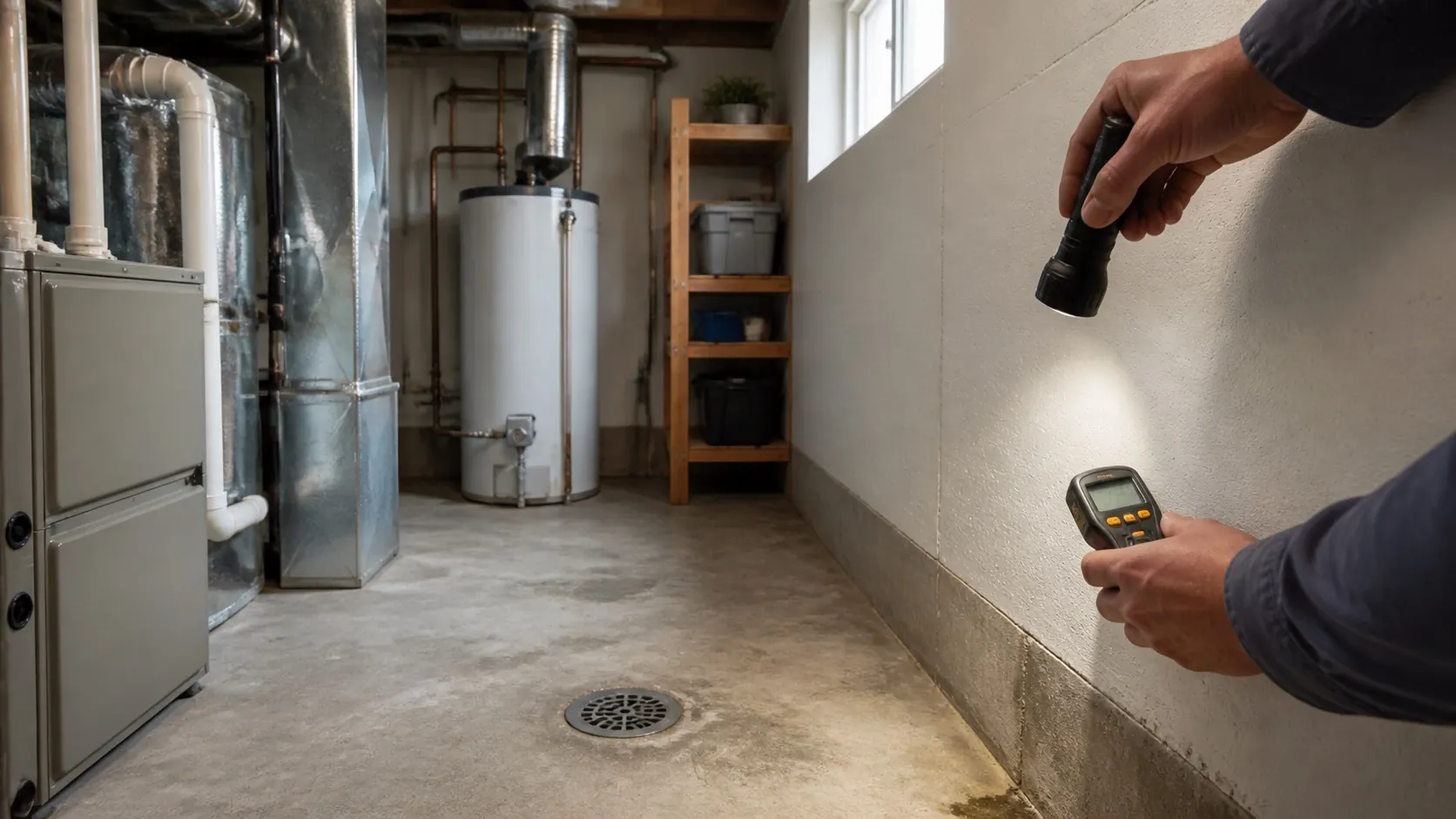 Basement utility area with inspector hands using flashlight and moisture meter near wall floor drain HVAC and water heater