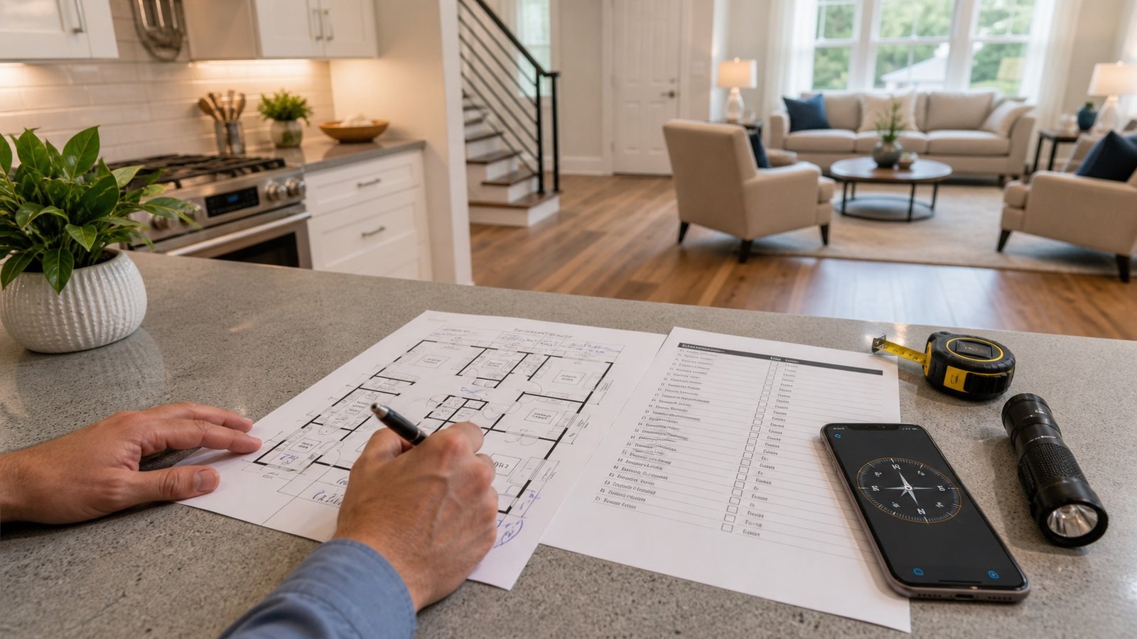 USA home buyer reviewing inspection checklist floor plan compass tape measure and flashlight in a kitchen and living area