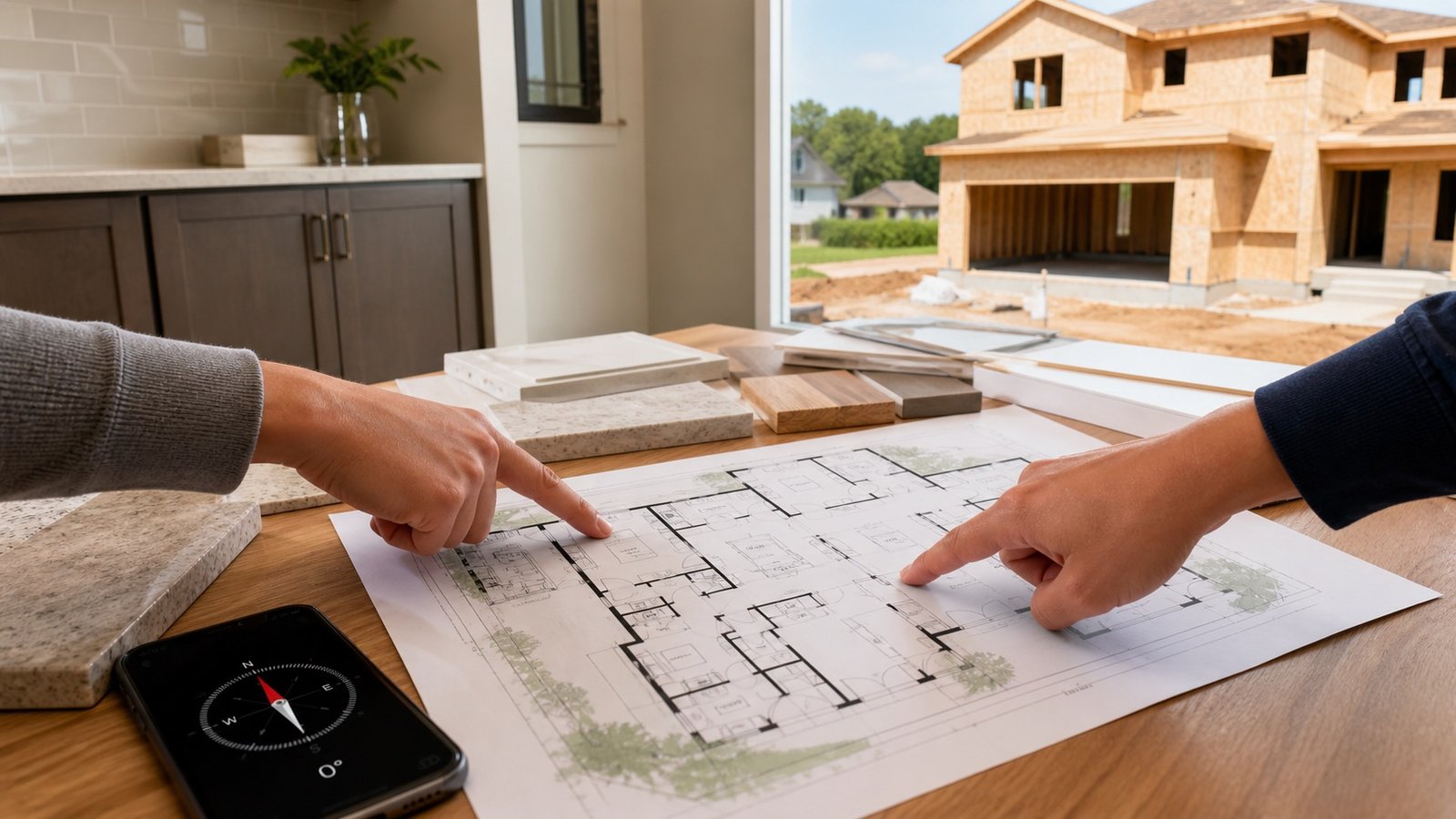 USA new-construction home buyers reviewing a builder floor plan and compass with a house under construction nearby