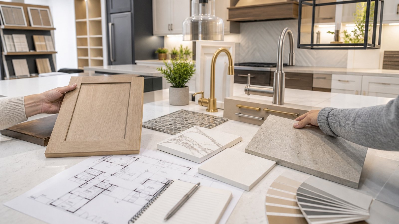 USA builder design center with cabinet samples countertop slabs tile options and kitchen upgrade selections