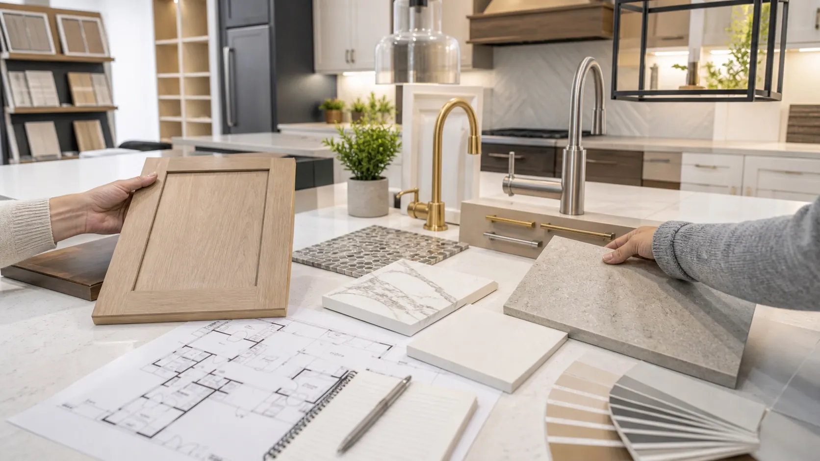 USA builder design center with cabinet samples countertop slabs tile options and kitchen upgrade selections