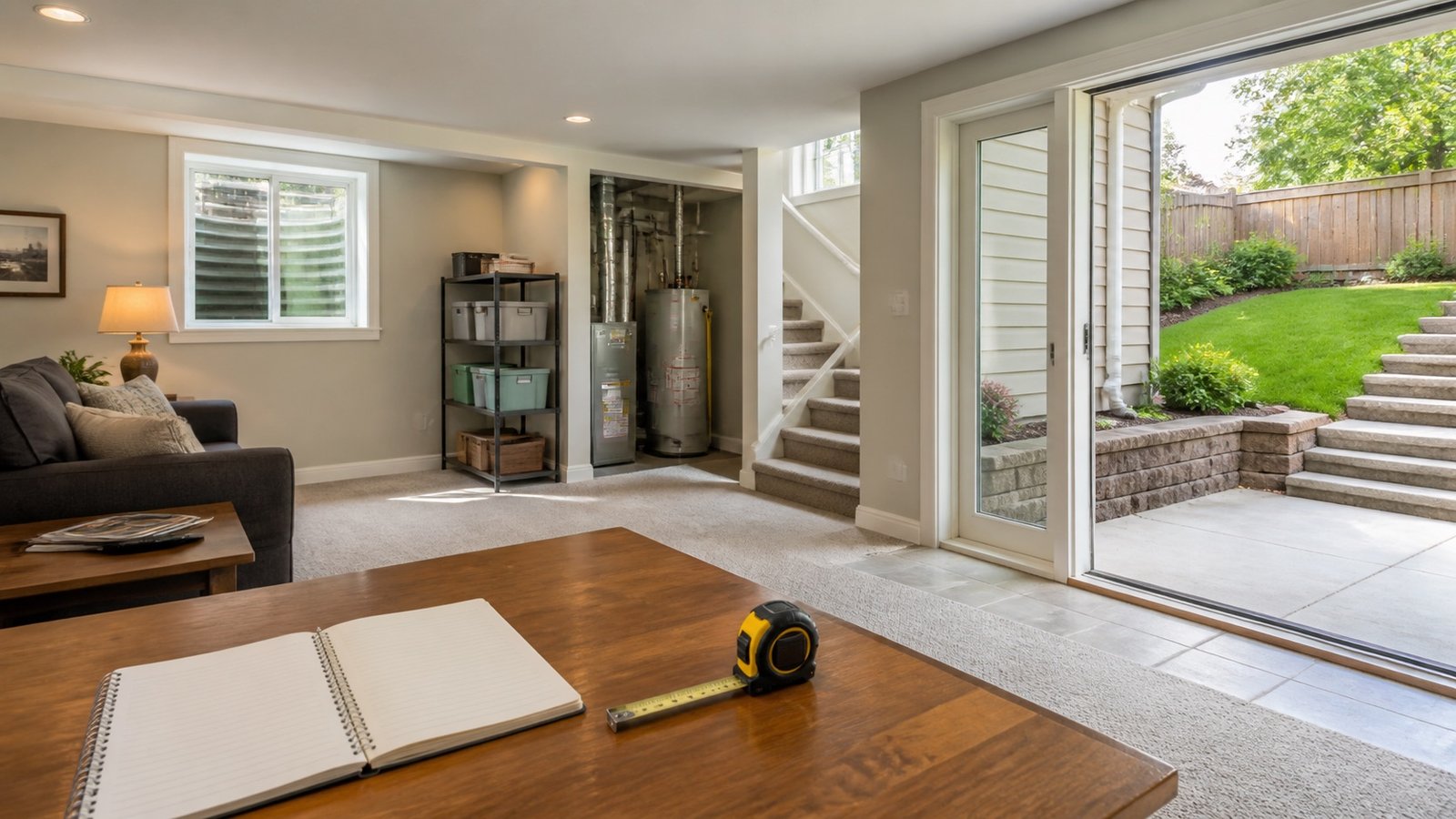 Finished walkout basement in a USA detached home with backyard slope, patio door, stairs and inspection notebook