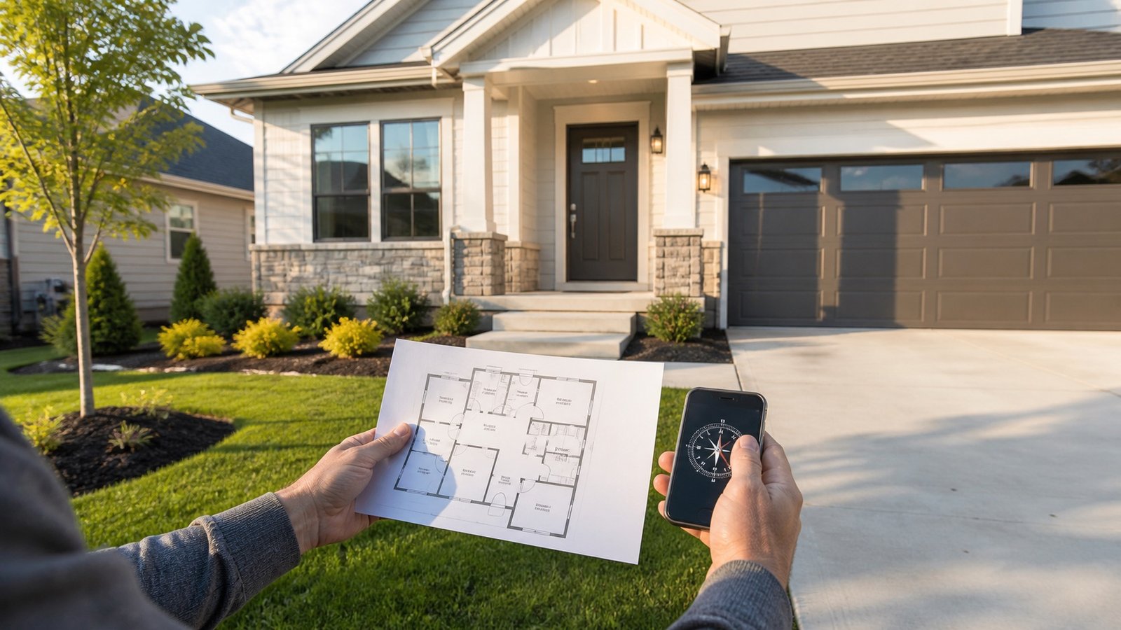USA single-family home buyer reviewing a floor plan and compass outside a detached house with garage and front entry