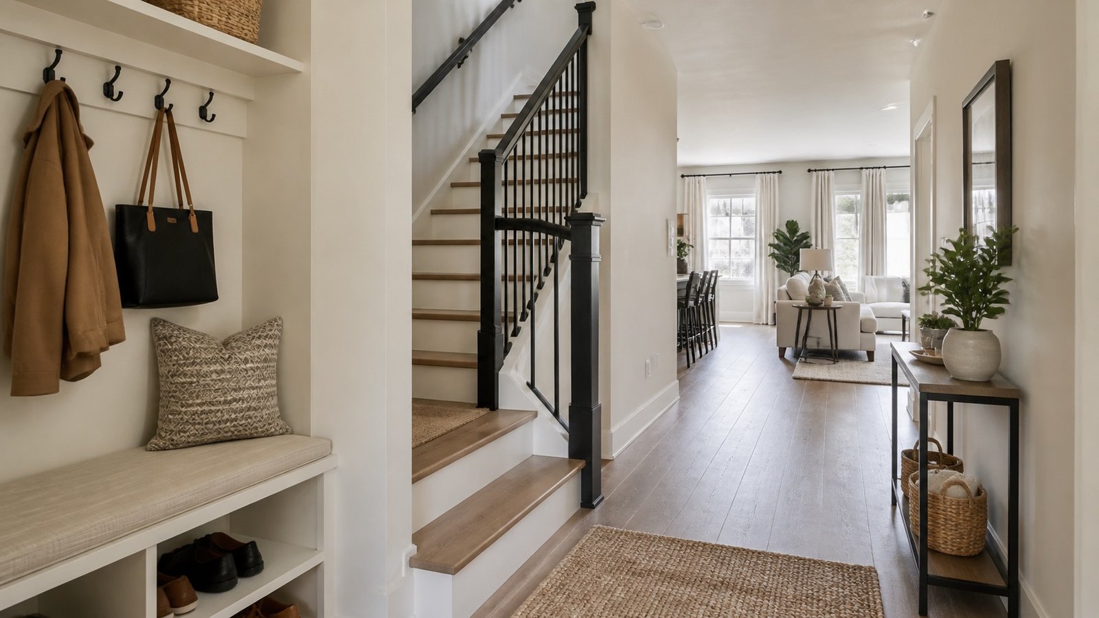 USA townhome entry hallway with stairs, coat bench, shoe storage and open path to living room
