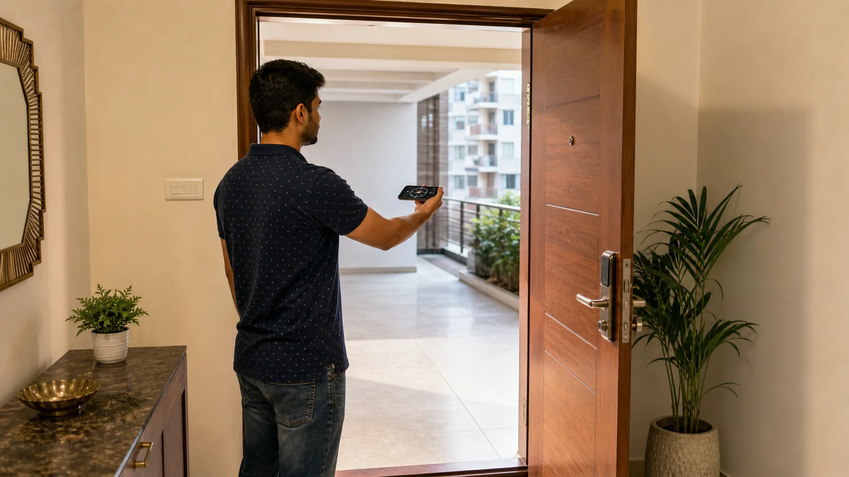 Person standing inside a modern apartment entrance using a smartphone compass while looking outward