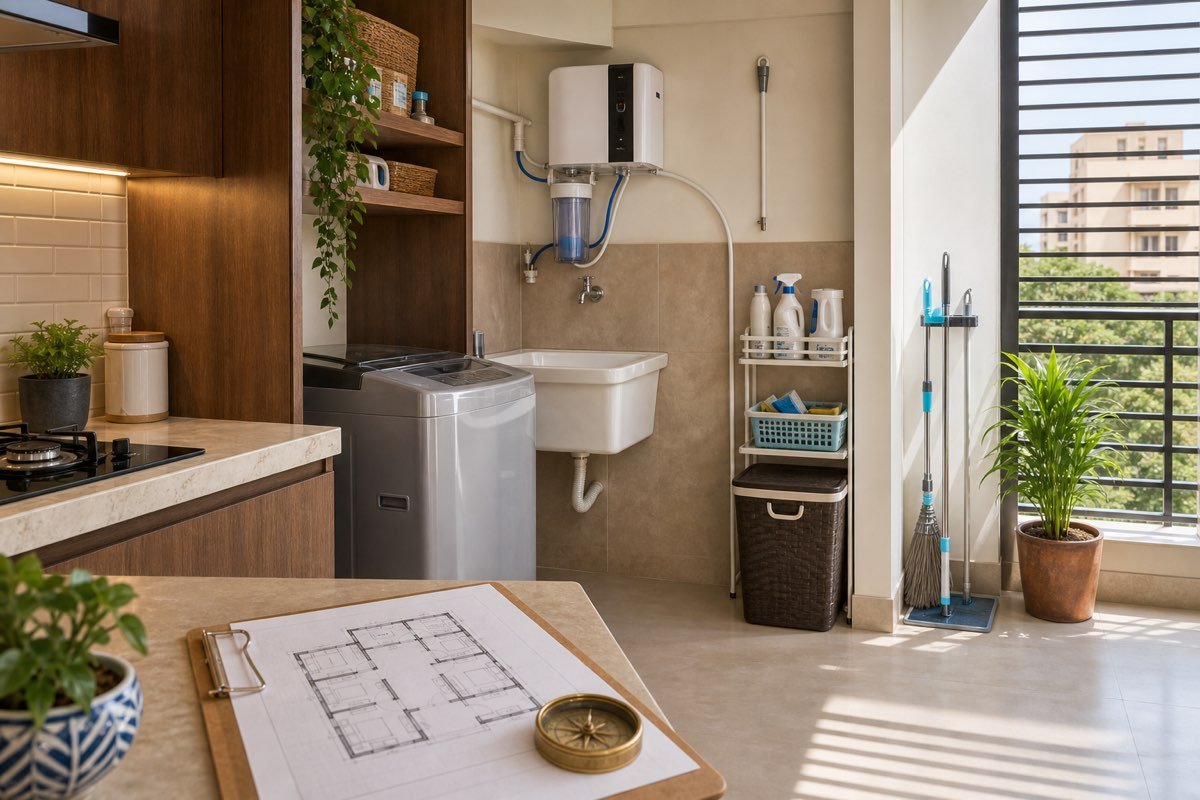Realistic modern Indian utility area with sink, storage, ventilation, floor plan and compass