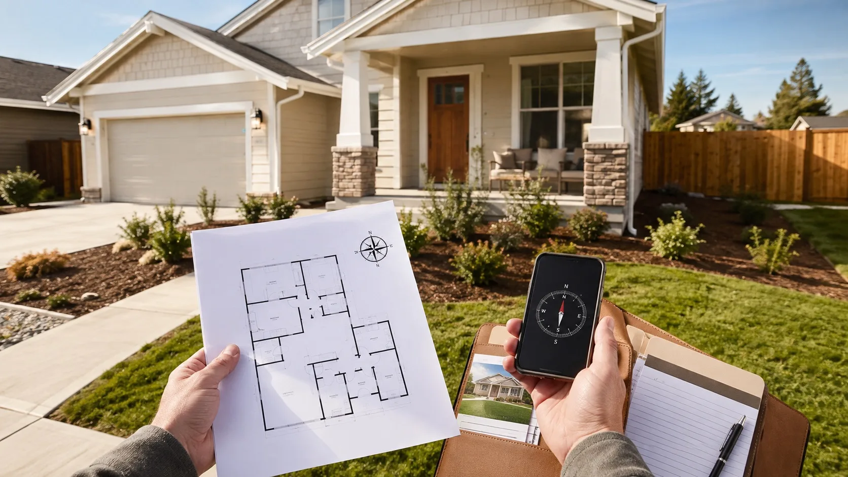 USA home buyer reviewing curb appeal floor plan and compass before judging resale value
