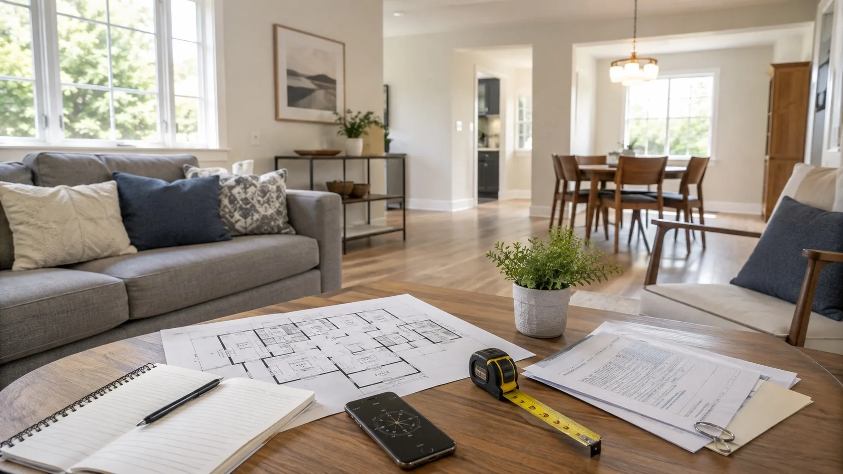 Home buyer reviewing resale-friendly living and dining layout with floor plan measuring tape and compass notes