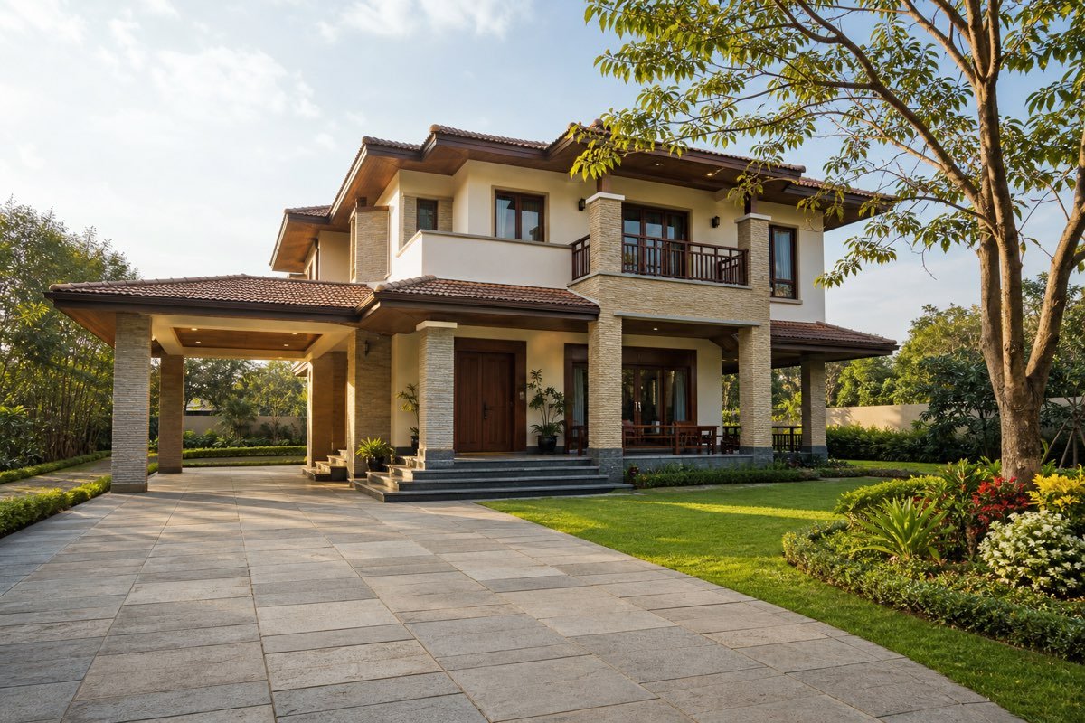 Realistic contemporary Indian villa with landscaped garden and driveway