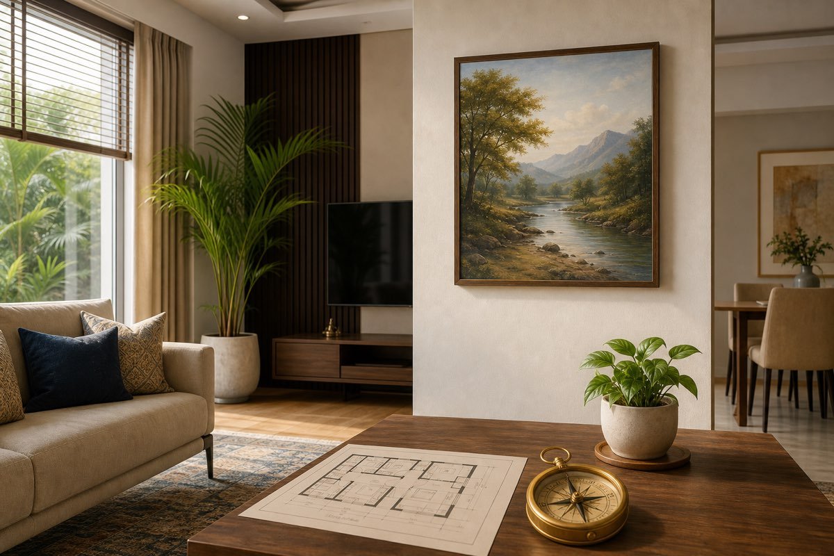 Realistic Indian living room with elegant wall painting, floor plan and compass for Wall Painting Vastu guidance