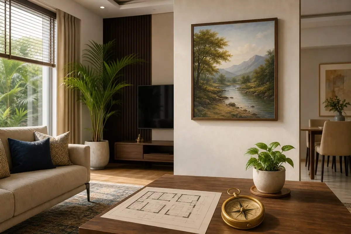 Realistic Indian living room with elegant wall painting, floor plan and compass for Wall Painting Vastu guidance