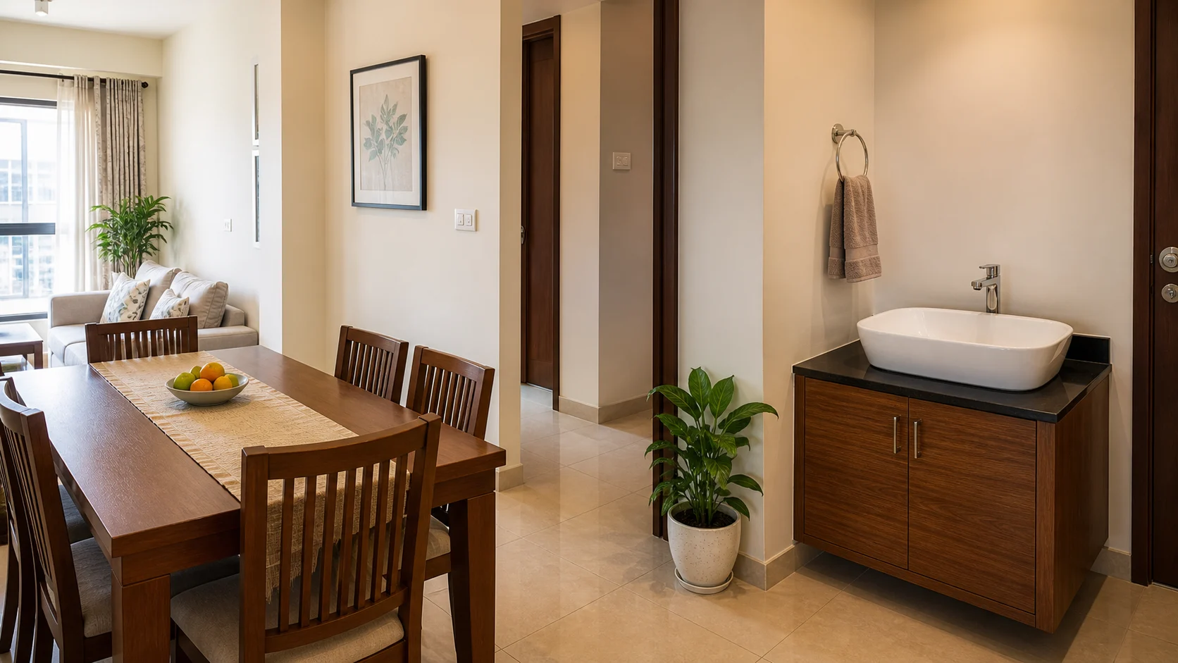 Realistic Indian apartment dining area with a clean side-wall handwash basin, clear walkway and no direct mirror reflection of the dining table