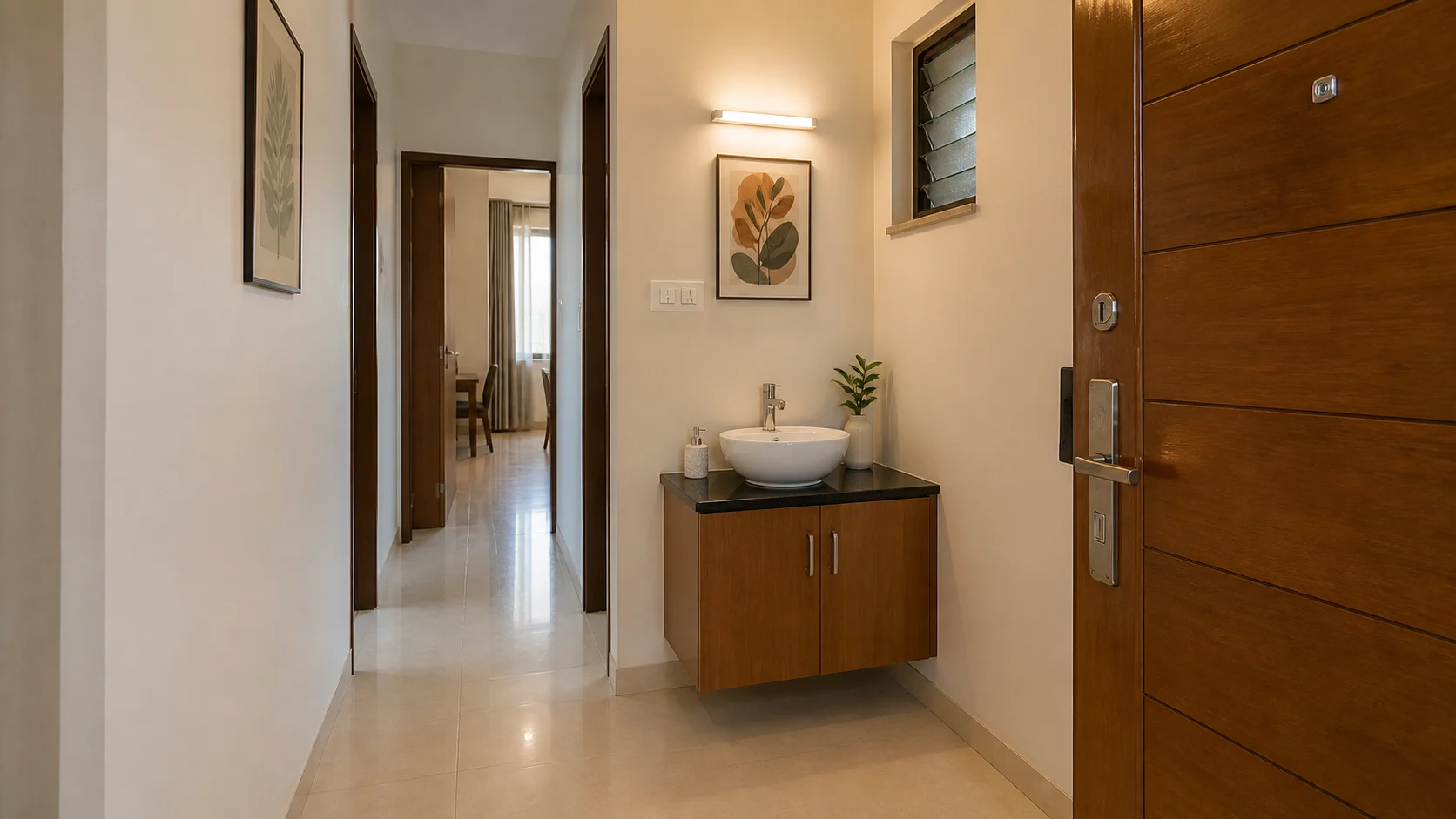 Realistic Indian apartment entrance passage with compact side-wall wash basin, dry floor, closed vanity and clear movement from main door