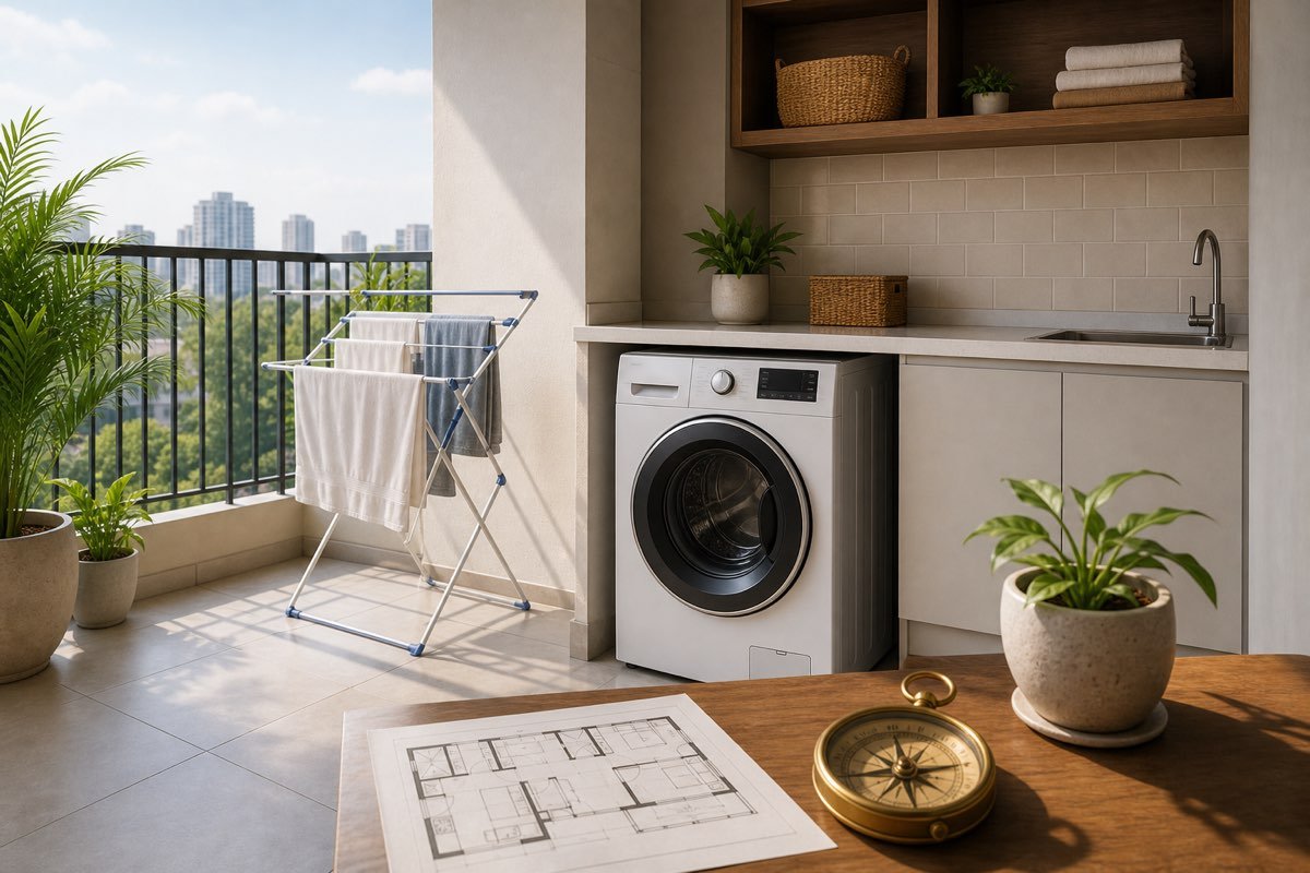 Realistic Indian apartment utility balcony with washing machine, drying rack, floor plan and compass