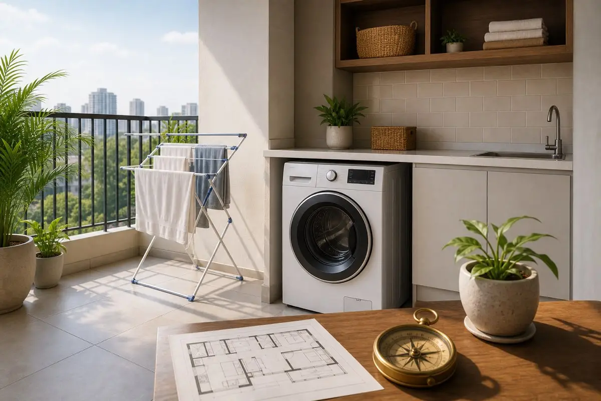 Realistic Indian apartment utility balcony with washing machine, drying rack, floor plan and compass