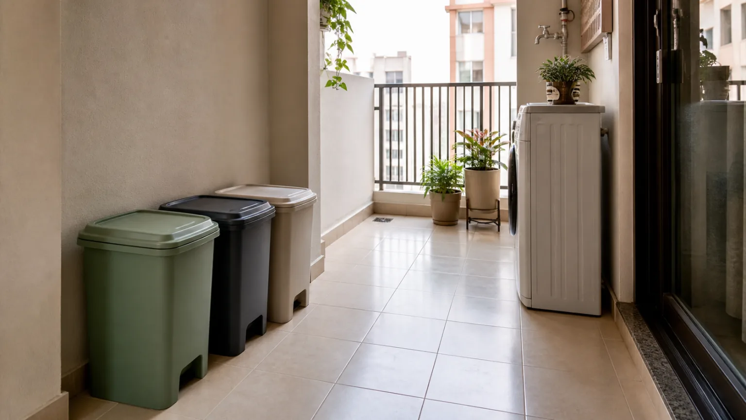 Realistic Indian apartment utility balcony with three covered waste-segregation bins, washing machine and clear tiled path