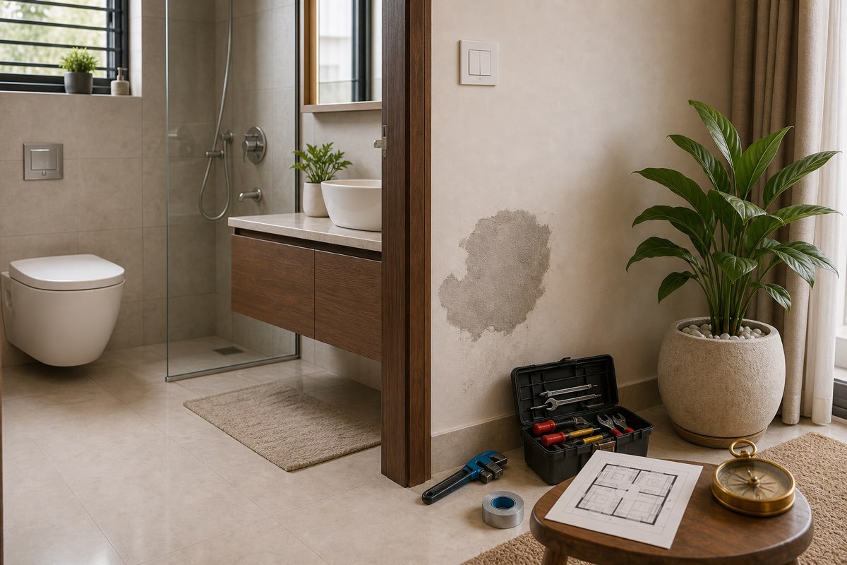 Modern Indian bathroom with dry floor repaired damp patch ventilation floor plan and compass
