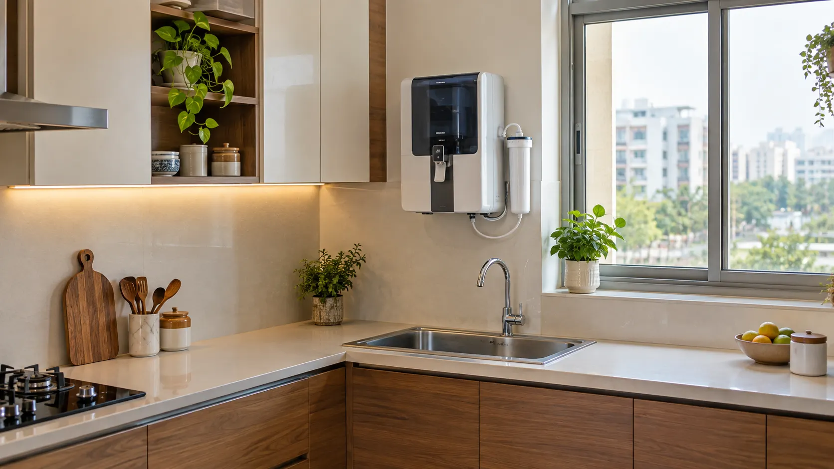 Wall-mounted RO water purifier beside the sink in a bright modern Indian apartment kitchen