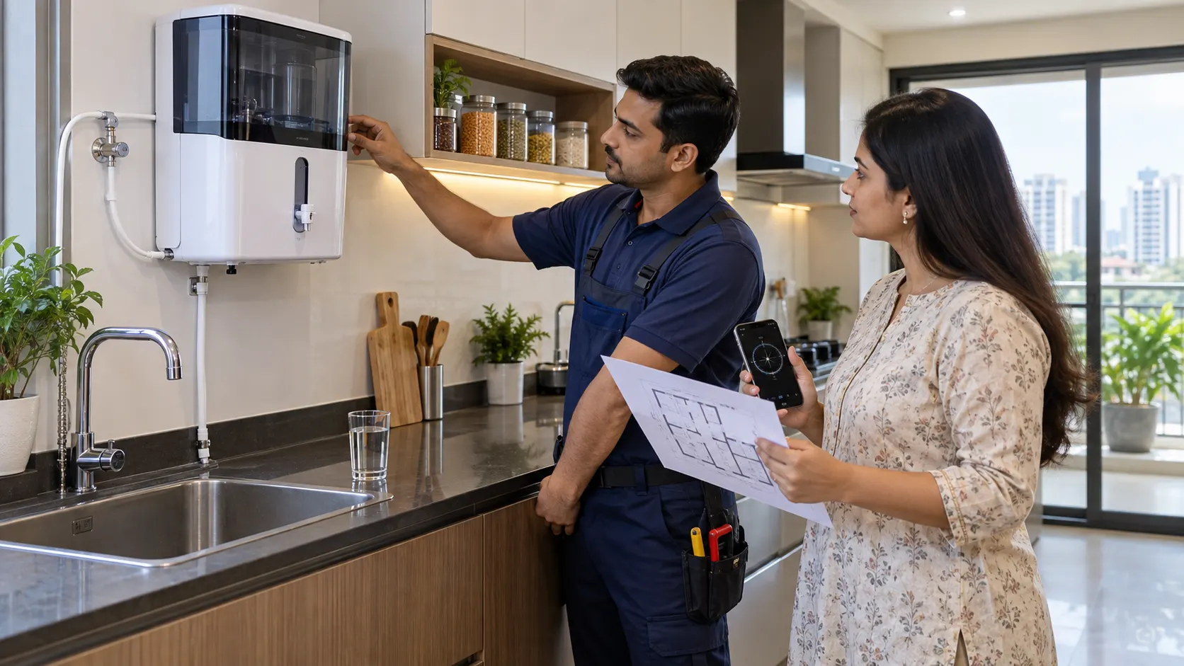 Indian homeowner and technician reviewing RO water purifier placement with a floor plan and smartphone compass