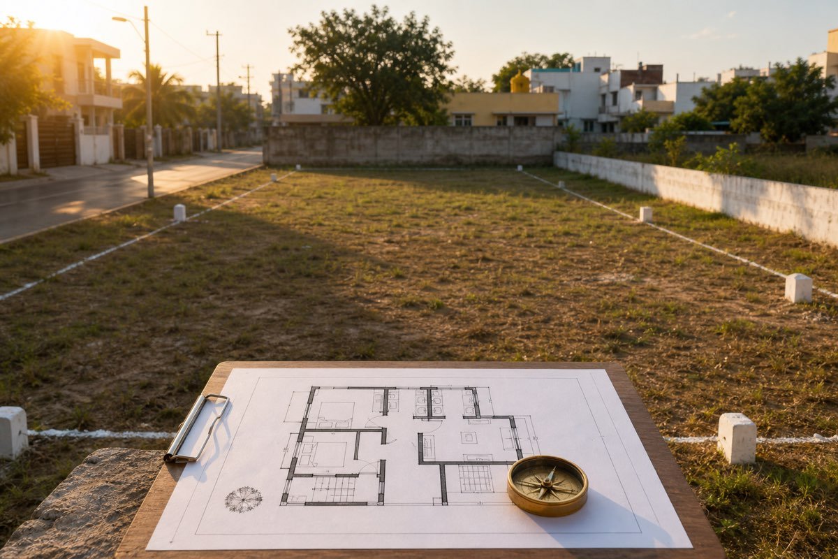 Realistic west-facing Indian residential plot with road, compass and floor plan