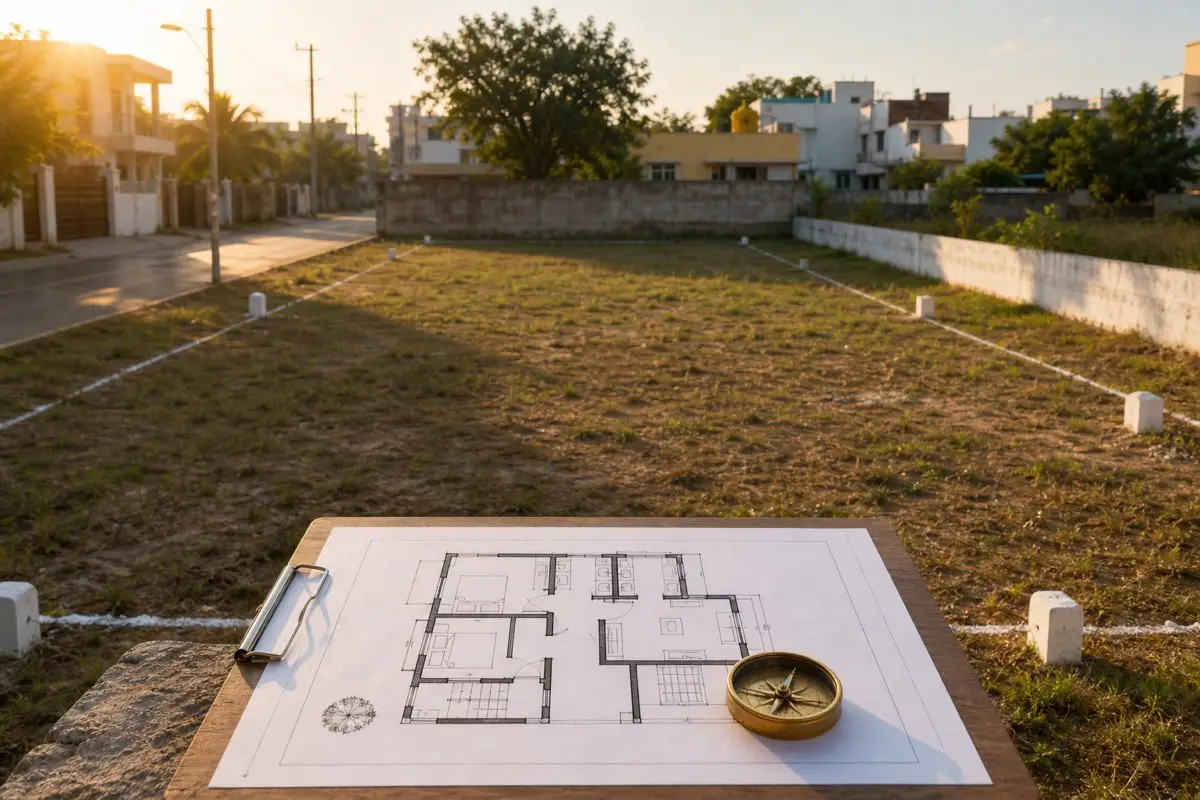 Realistic west-facing Indian residential plot with road, compass and floor plan