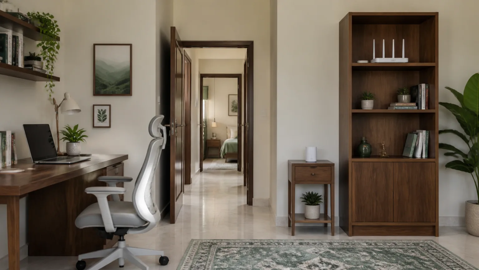 Realistic Indian apartment home office with primary Wi-Fi router and a mesh node positioned along an open bedroom corridor