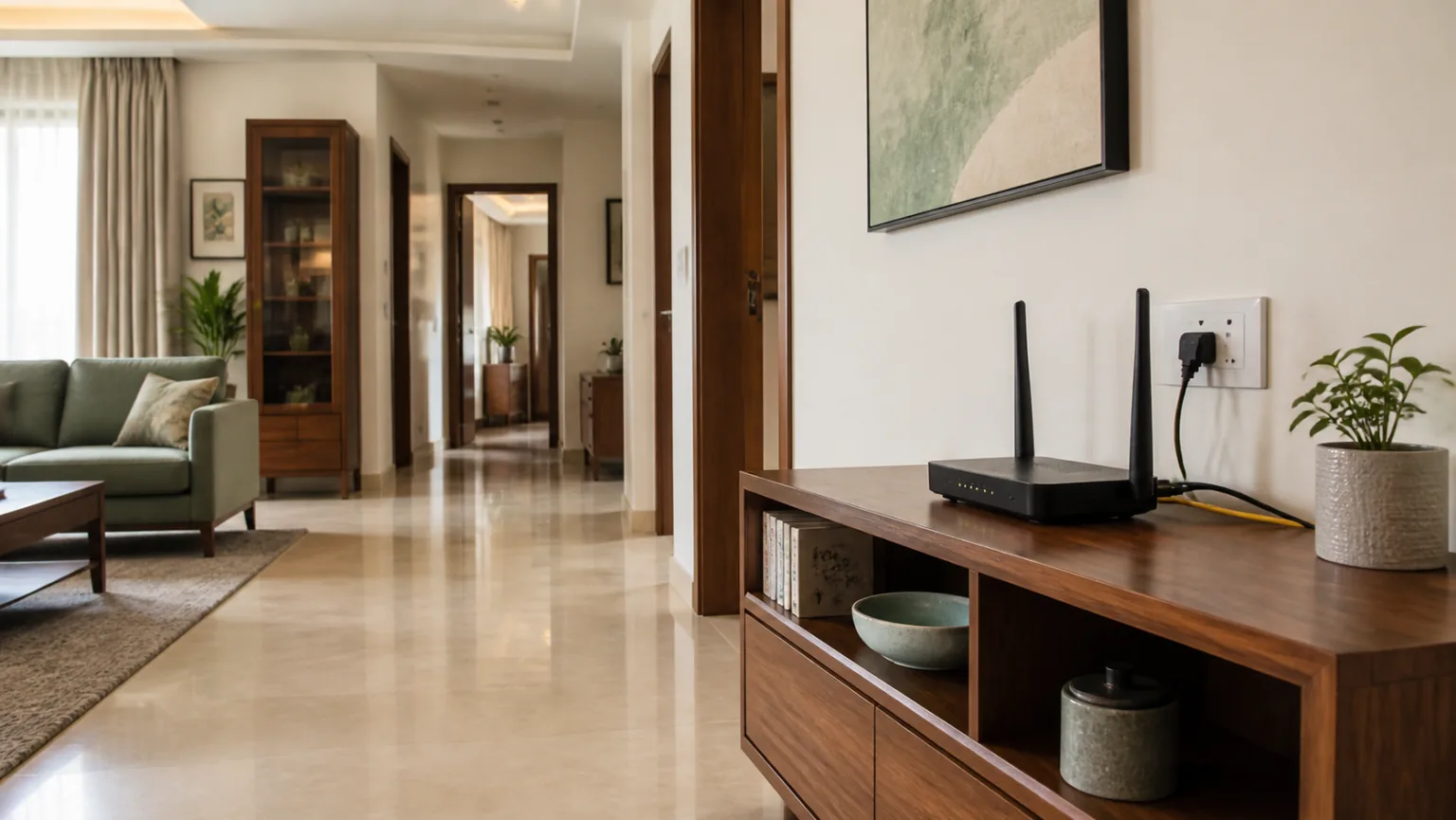 Realistic modern Indian apartment with Wi-Fi router elevated on an open console near the central hallway