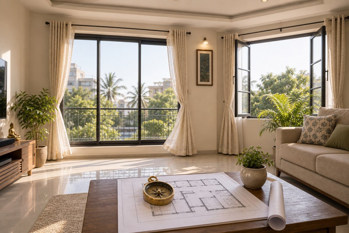 Realistic bright Indian living room with large windows, curtains, plants, floor plan and compass