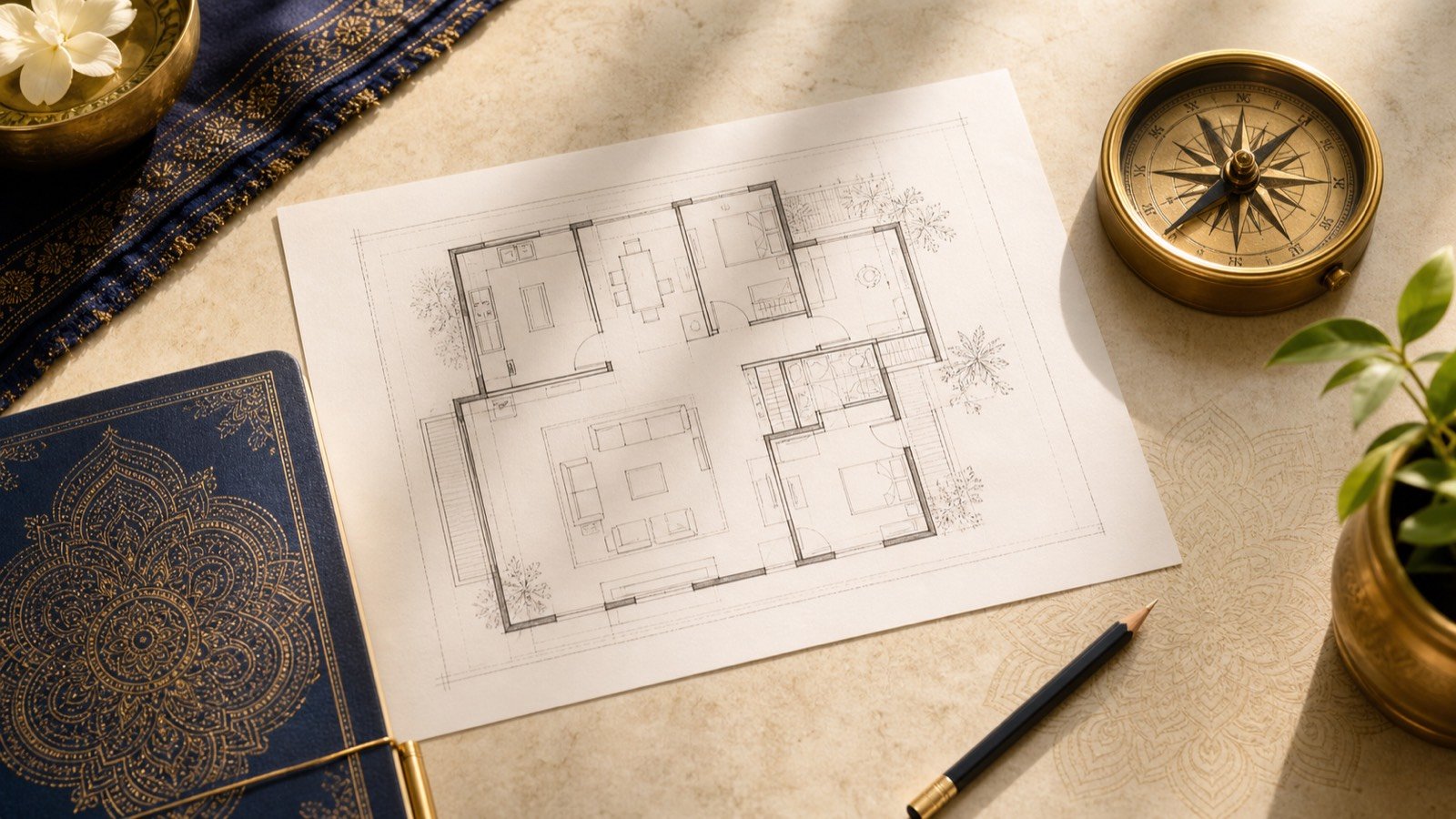 Floor plan and compass desk scene