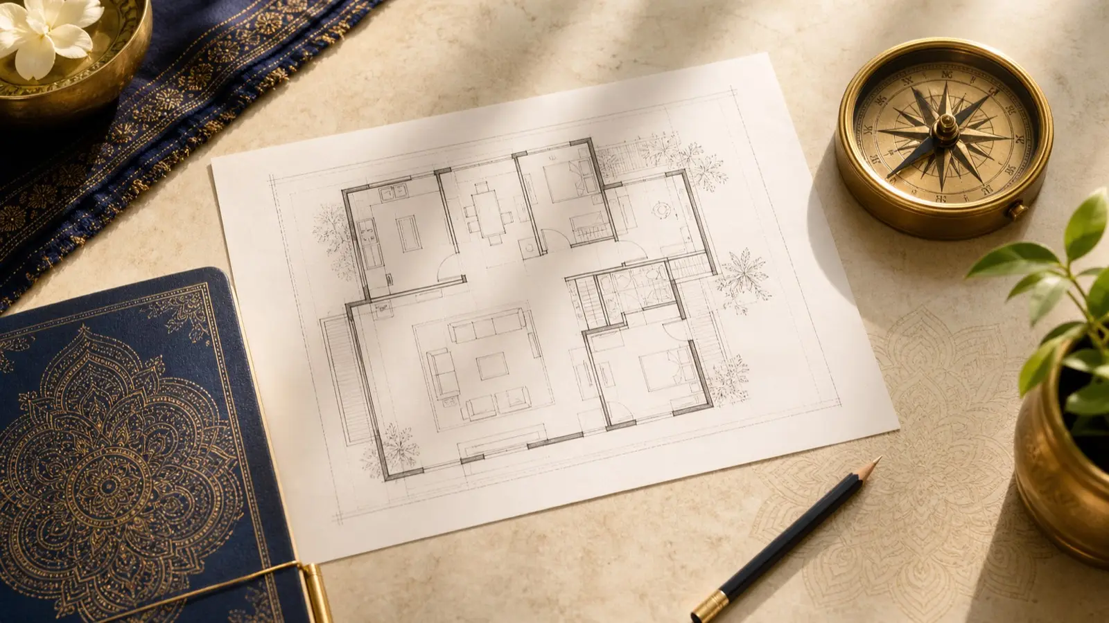 Residential apartment floor plan being reviewed on an architect desk