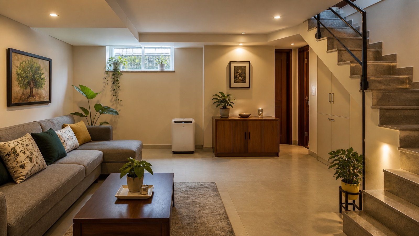 Finished basement lounge with warm lighting, small daylight window, plants, storage, stairs, and clear circulation