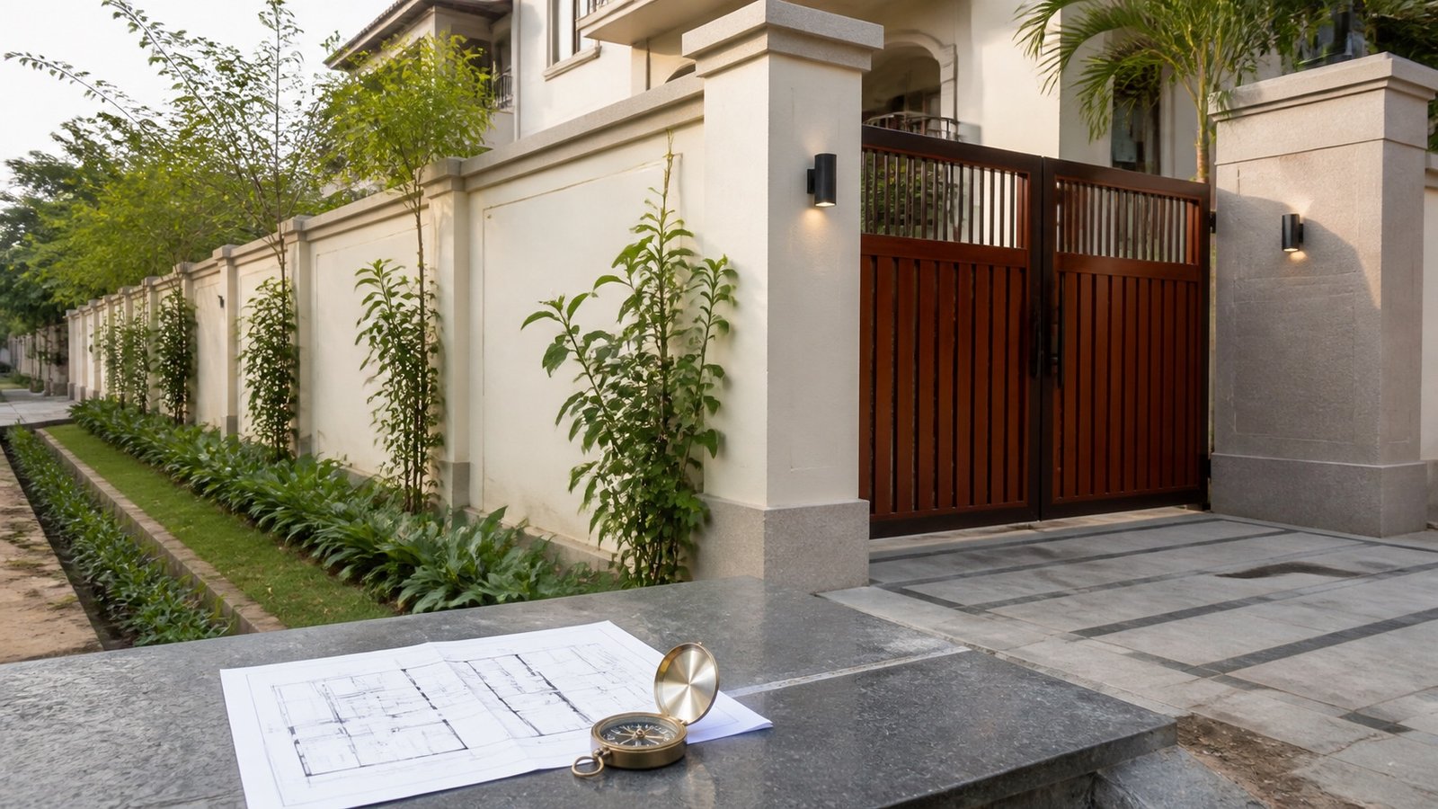 Indian home compound wall with main gate, boundary planting, paved approach, floor plan, and compass
