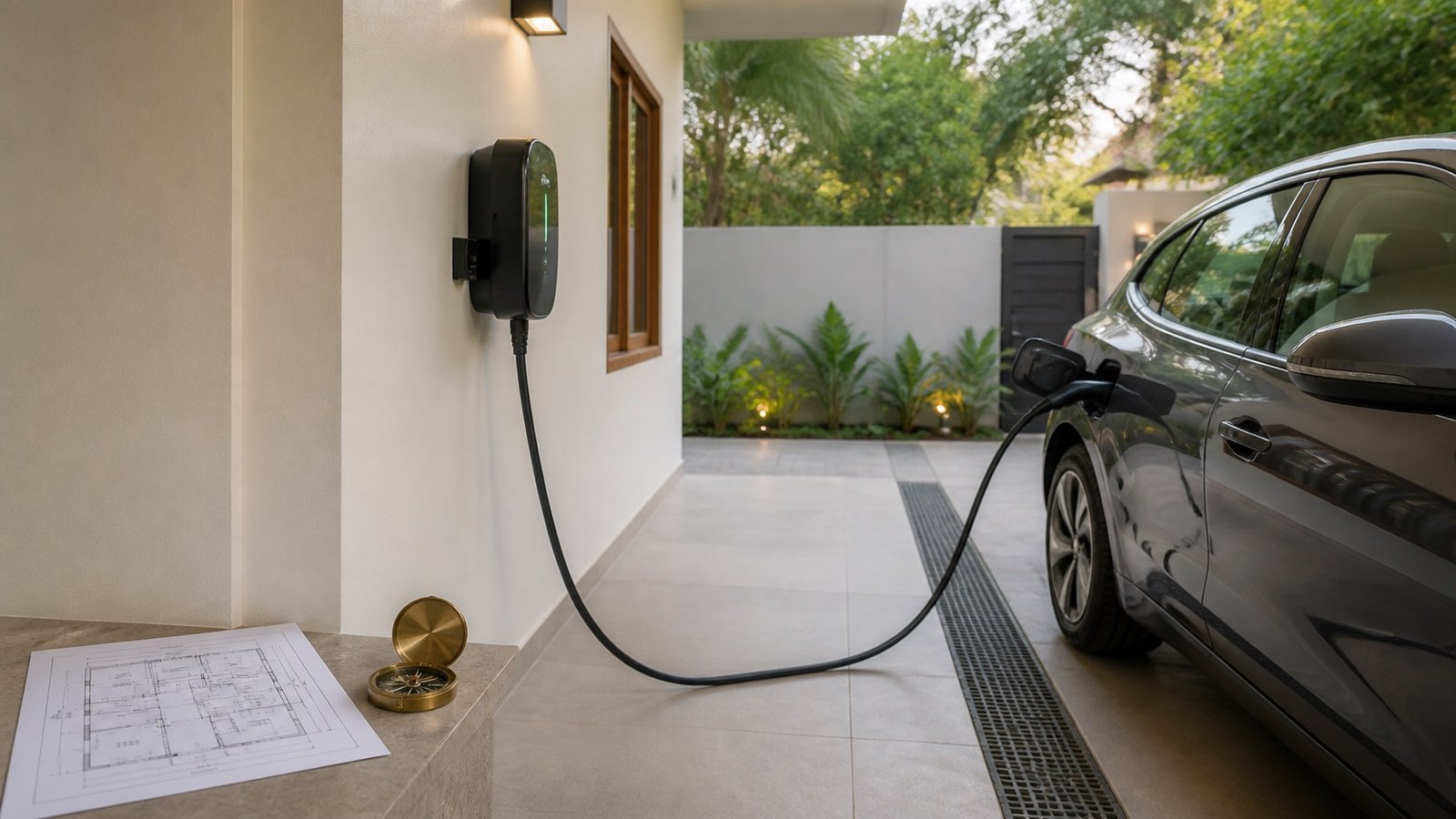 Electric car charging in a covered home carport with safe cable path, drainage channel, floor plan, and compass