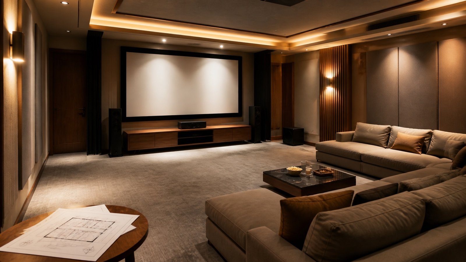 Home theater room with large screen, sectional seating, acoustic panels, warm lighting, clear floor path, and floor plan
