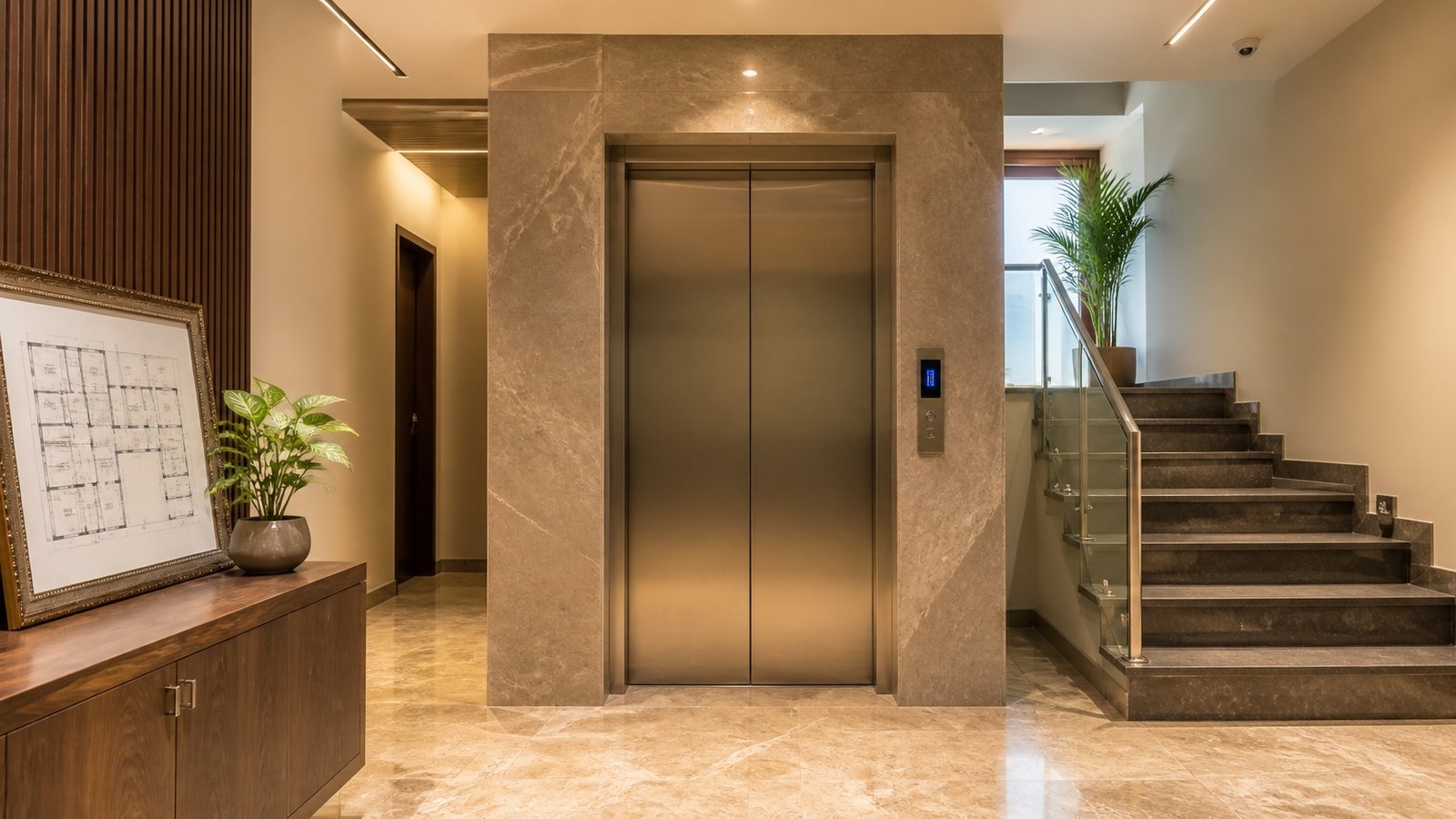 Residential elevator lobby with closed lift doors, stair access, warm lighting, clear floor space, plant, floor plan, and compass